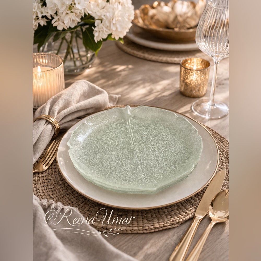 Seafoam Green Leaf Glass Salad Plate